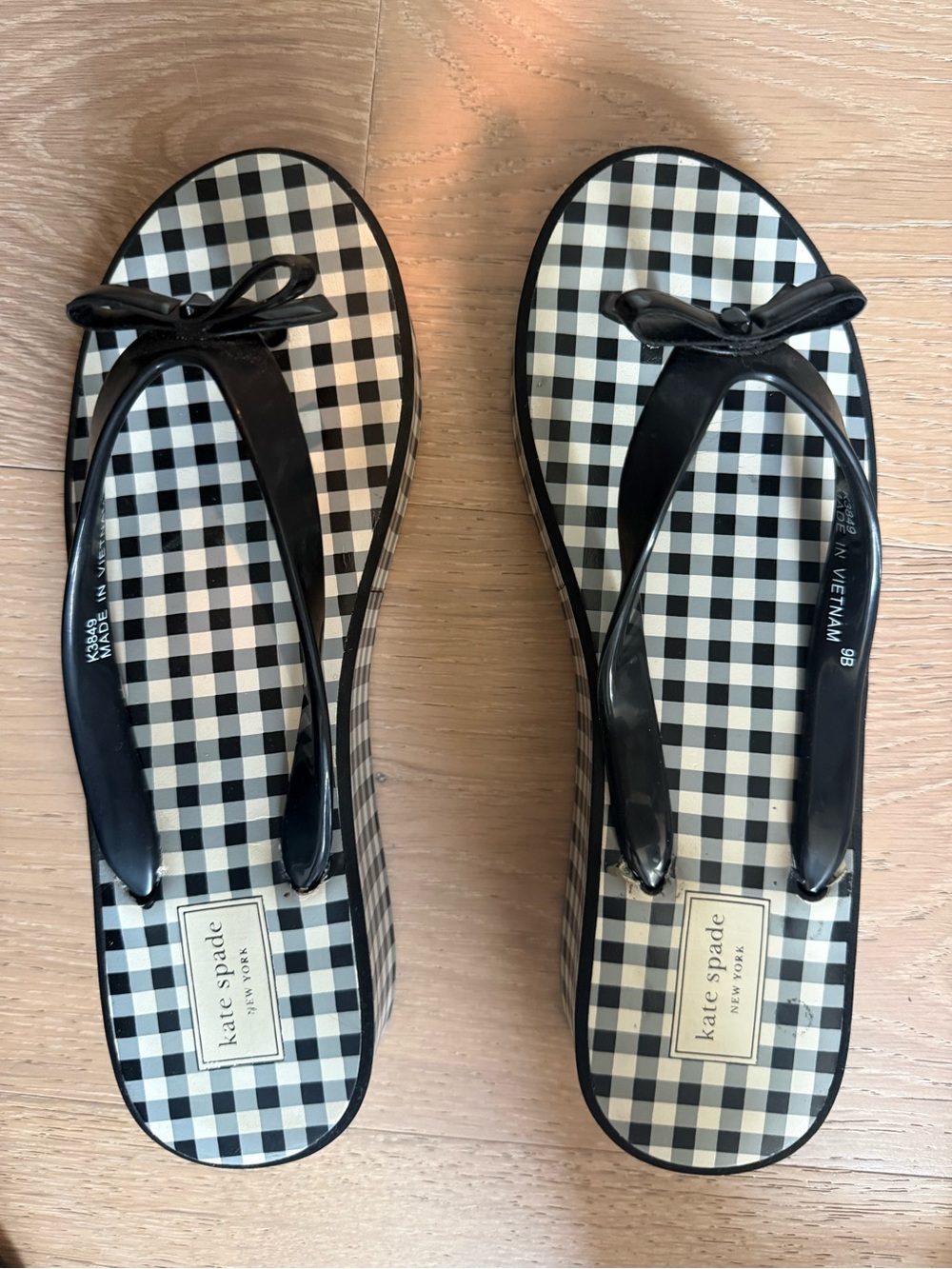 kate spade Black & White Gingham Platform Flip Sandals